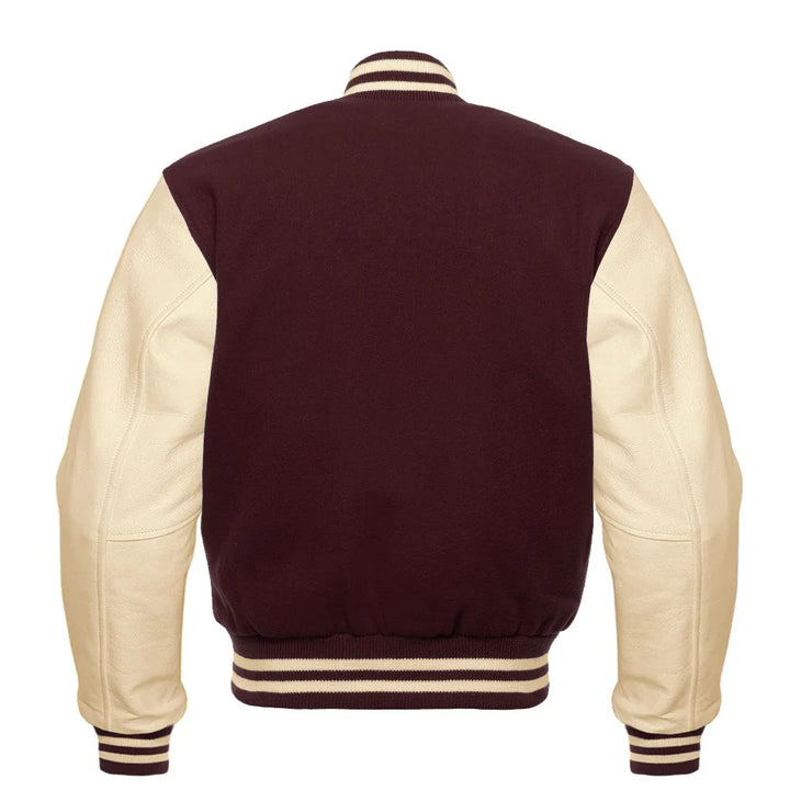 Classic Varsity Letterman Jacket Brown with Cream Cowhide Leather Sleeves