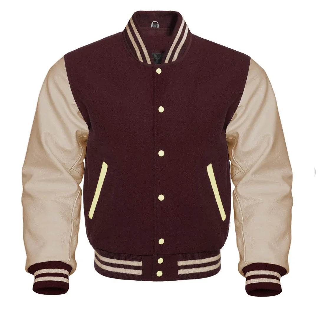 Classic Varsity Letterman Jacket Brown with Cream Cowhide Leather Sleeves