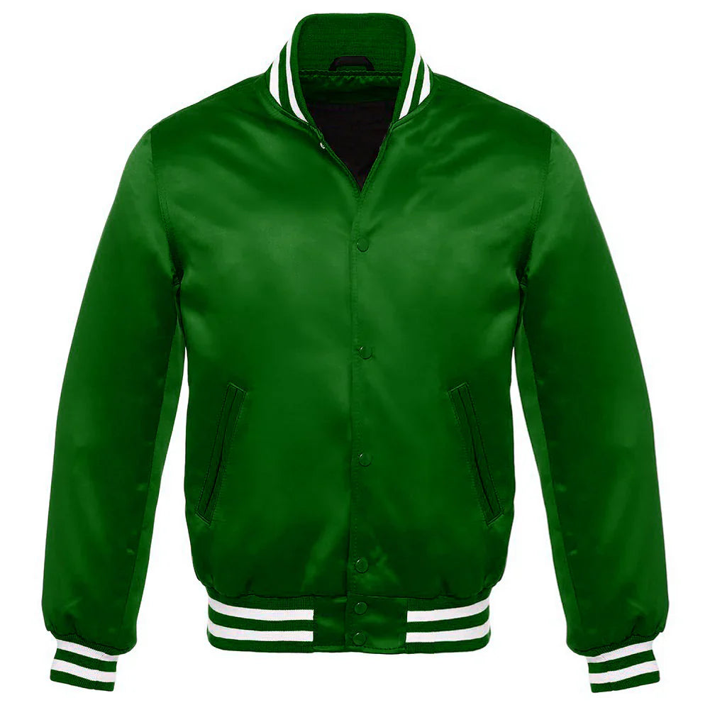 Satin Jacket Vintage Style Letterman Baseball Dark Green Bomber Jacket with White Trim