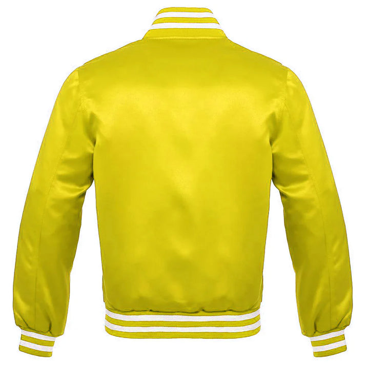 Satin Jacket Vintage Style Letterman Baseball Yellow Bomber Jacket with White Trim