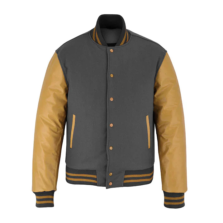 Classic Varsity Letterman Jacket Dark Grey Wool with Beige Genuine Leather Sleeves and trims