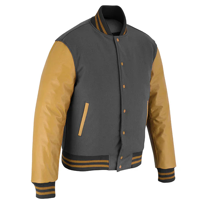 Classic Varsity Letterman Jacket Dark Grey Wool with Beige Genuine Leather Sleeves and trims