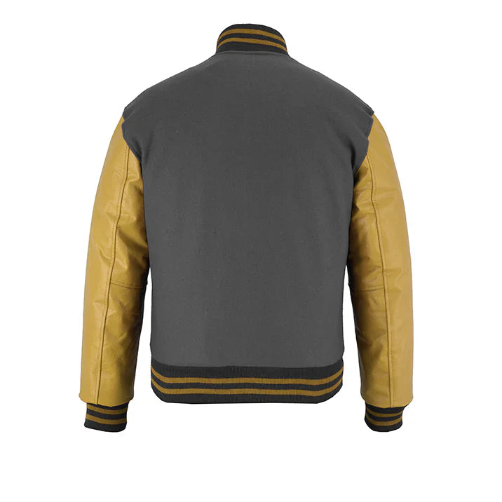 Classic Varsity Letterman Jacket Dark Grey Wool with Beige Genuine Leather Sleeves and trims