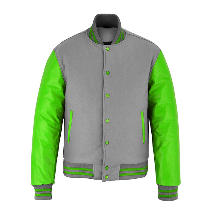 Classic Varsity Letterman Jacket Light Grey Wool with Green Genuine Leather Sleeves and trims