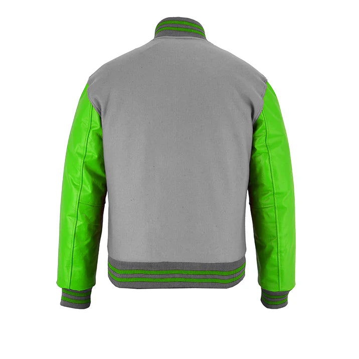 Classic Varsity Letterman Jacket Light Grey Wool with Green Genuine Leather Sleeves and trims