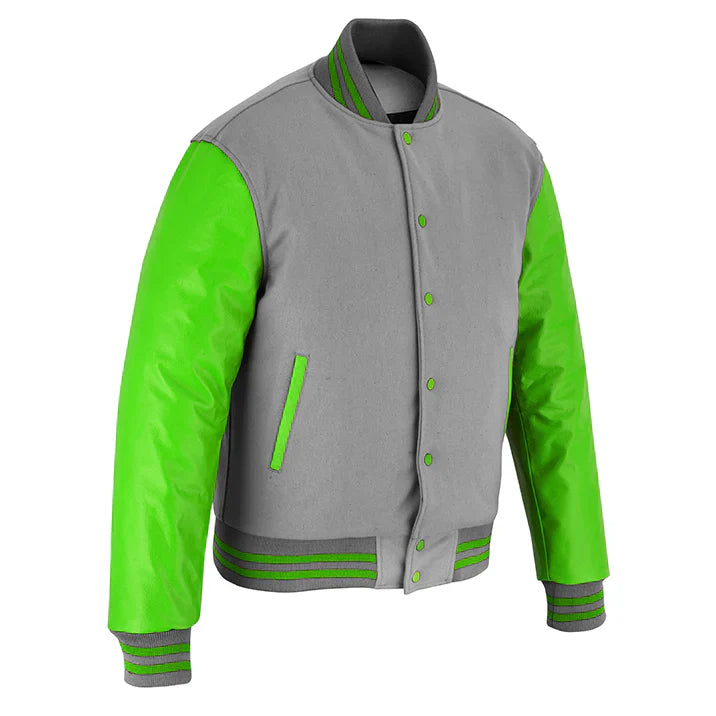 Classic Varsity Letterman Jacket Light Grey Wool with Green Genuine Leather Sleeves and trims