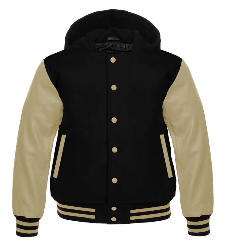 Hooded Varsity Lettermen Baseball Jacket Black With Cream Genuine Leather Sleeves