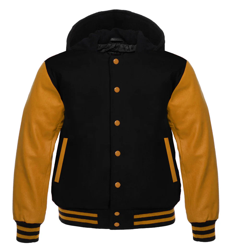 Hooded Varsity Lettermen Baseball Jacket Black With Gold Genuine Leather Sleeves