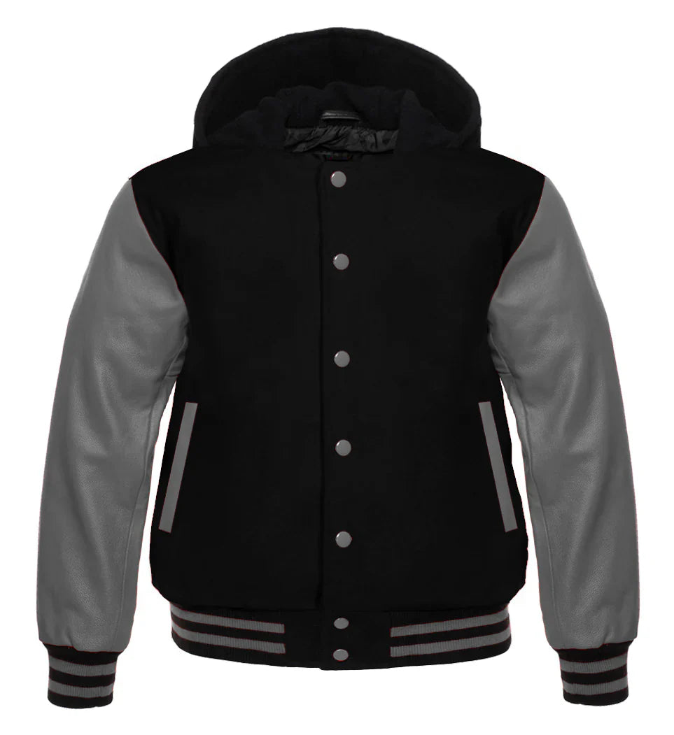 Hooded Varsity Lettermen Baseball Jacket Black With Gray Genuine Leather Sleeves