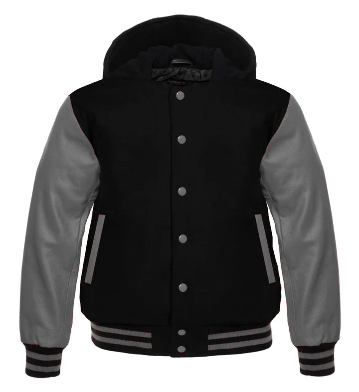 Hooded Varsity Lettermen Baseball Jacket Black With Gray Genuine Leather Sleeves