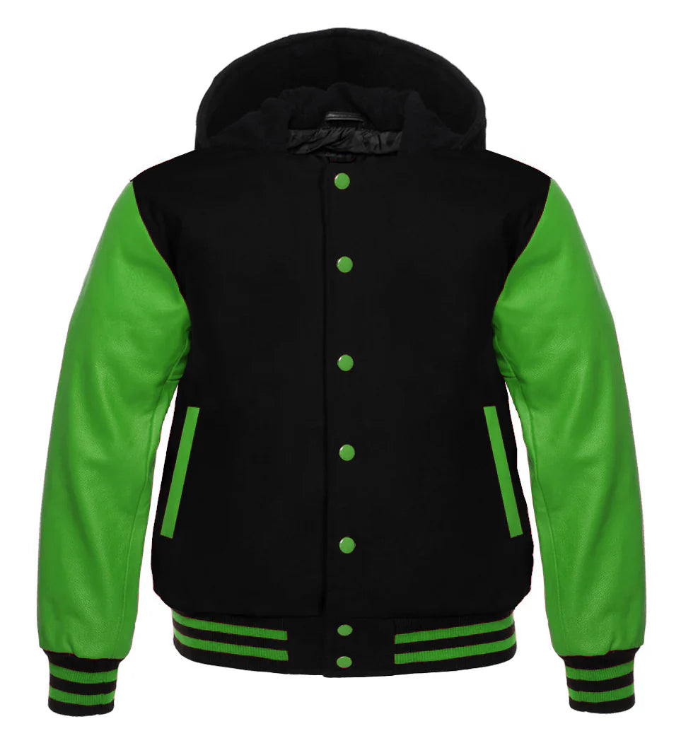 Hooded Varsity Lettermen Baseball Jacket Black with Green Genuine Leather Sleeves