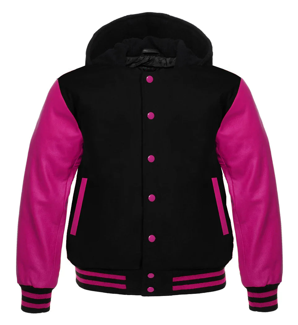 Hooded Varsity Lettermen Baseball Jacket Black With Hot Pink Genuine Leather Sleeves