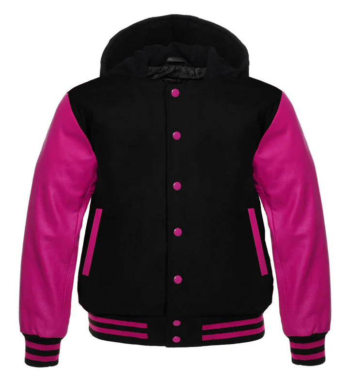 Hooded Varsity Lettermen Baseball Jacket Black With Hot Pink Genuine Leather Sleeves