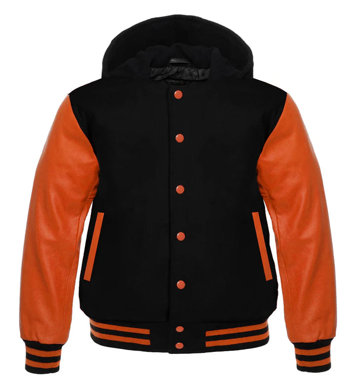 Hooded Varsity Lettermen Baseball Jacket Black With Orange Genuine Leather Sleeves