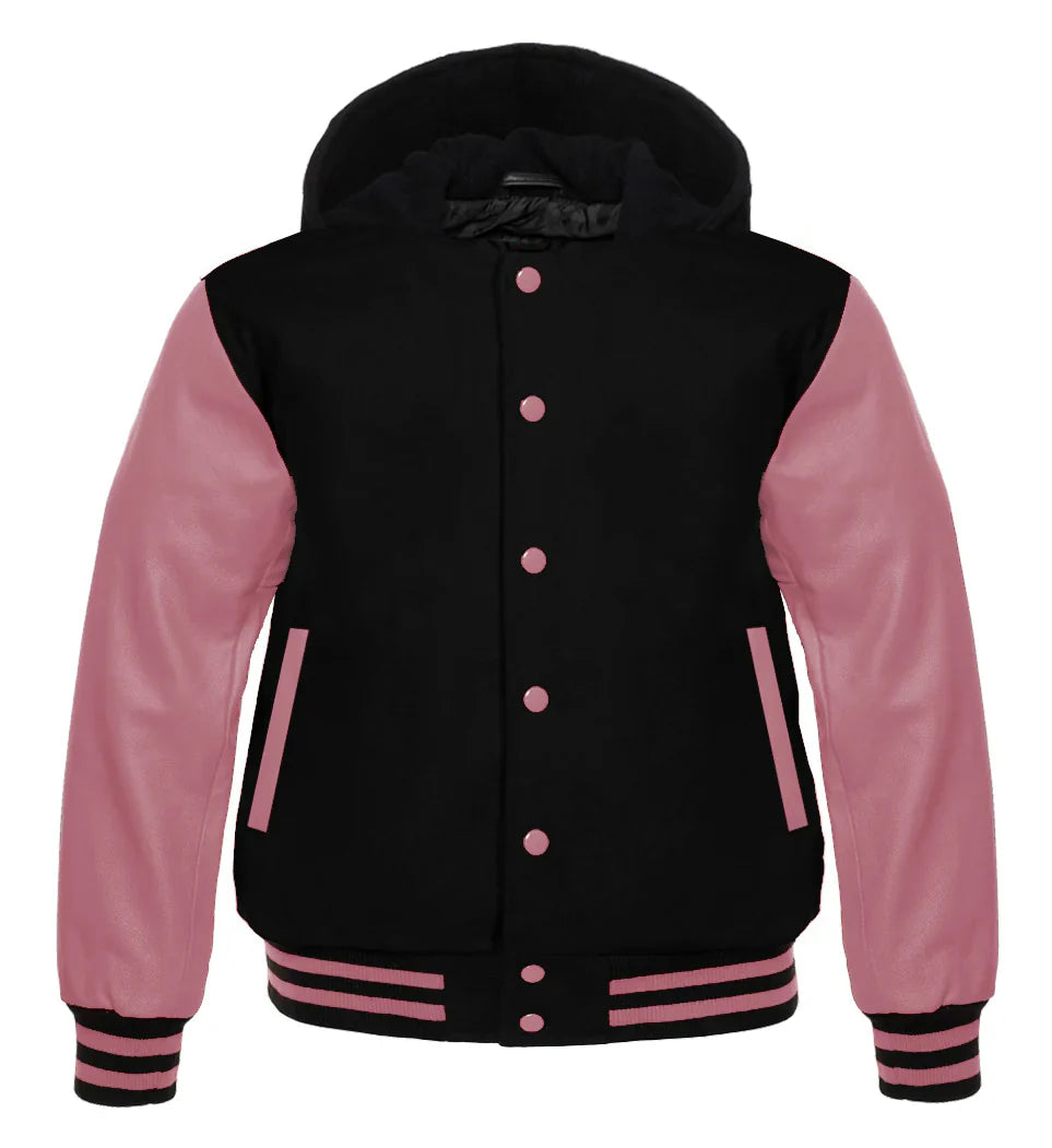 Hooded Varsity Lettermen Baseball Jacket Black with Pink Genuine Leather Sleeves
