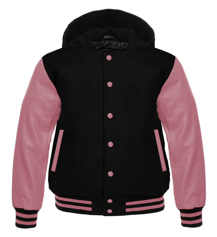 Hooded Varsity Lettermen Baseball Jacket Black with Pink Genuine Leather Sleeves