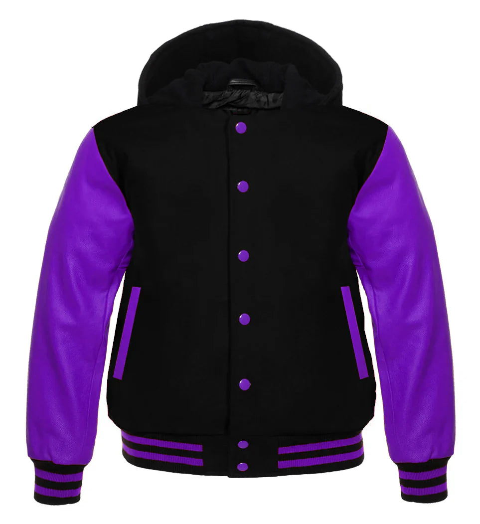 Hooded Varsity Lettermen Baseball Jacket Black with Purple Genuine Leather Sleeves