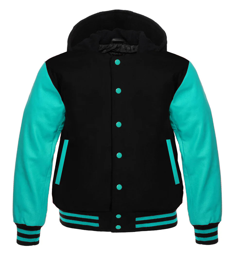 Hooded Varsity Lettermen Baseball Jacket Black With Teal Blue Genuine Leather Sleeves