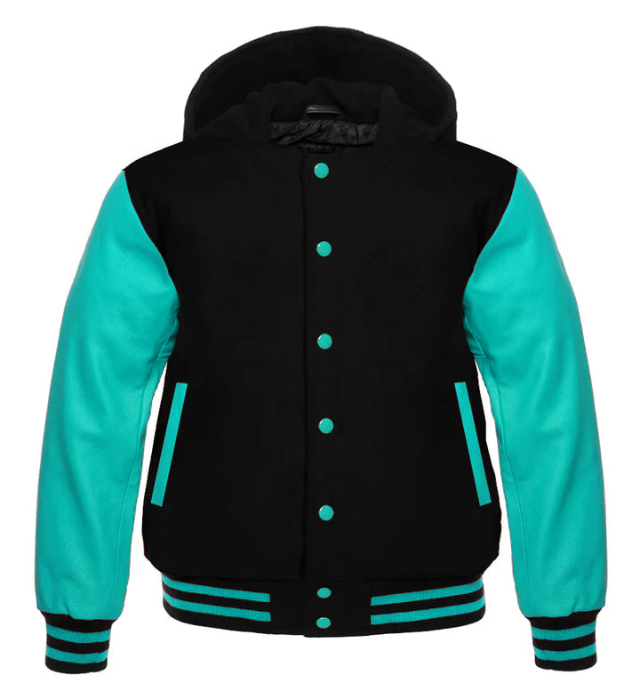 Hooded Varsity Lettermen Baseball Jacket Black With Teal Blue Genuine Leather Sleeves