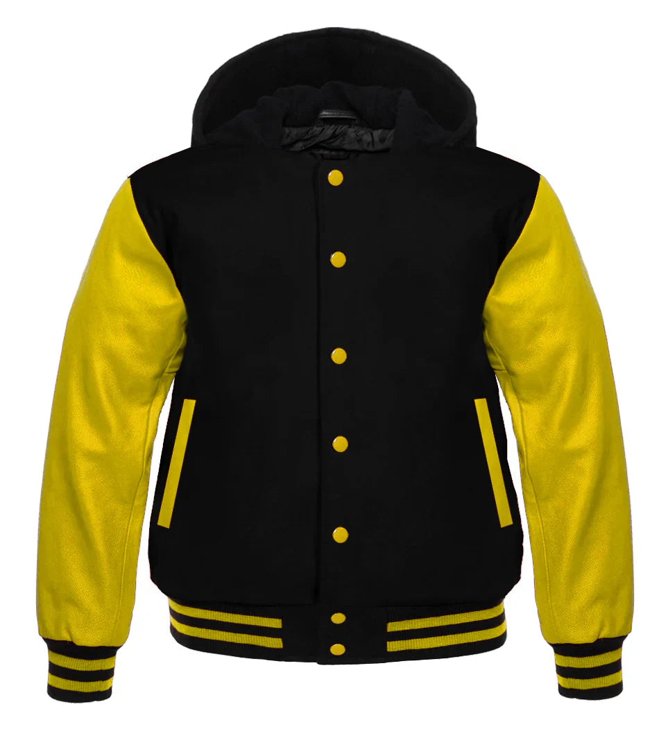 Hooded Varsity Lettermen Baseball Jacket Black With Yellow Genuine Leather Sleeves
