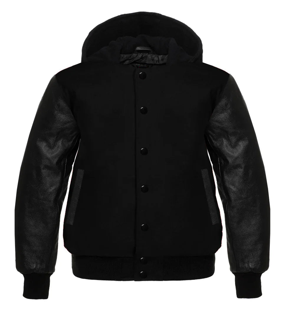 Hooded Varsity Lettermen Baseball Jacket Solid Black Genuine Leather Sleeves