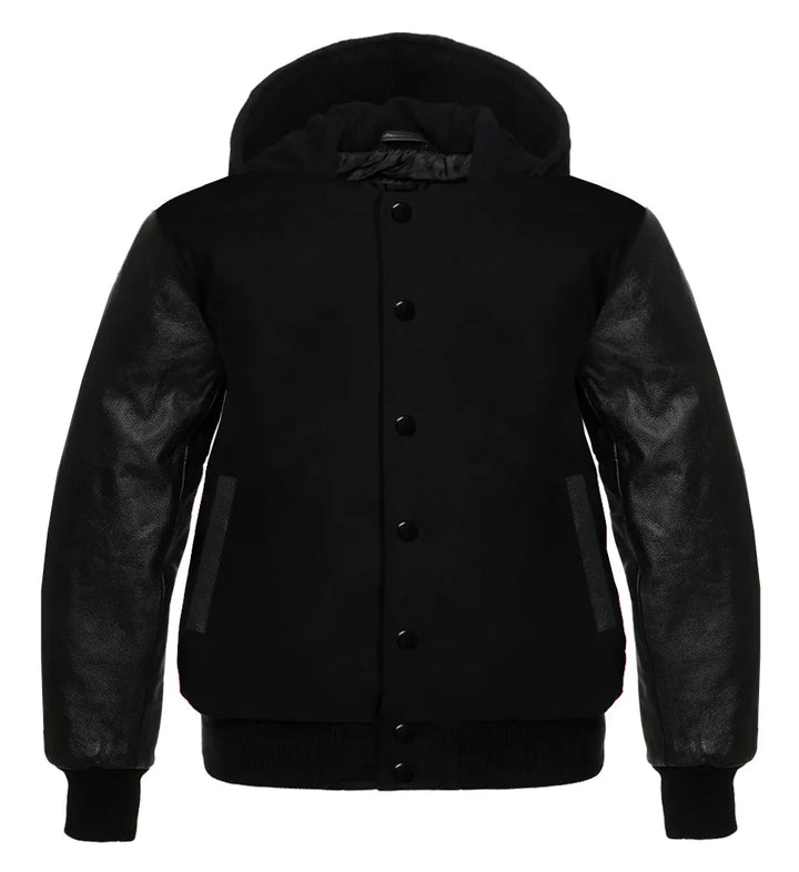 Hooded Varsity Lettermen Baseball Jacket Solid Black Genuine Leather Sleeves