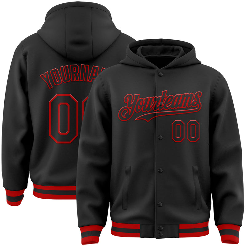 Custom Black Red Bomber Full-Snap Varsity Letterman Hoodie Jacket -