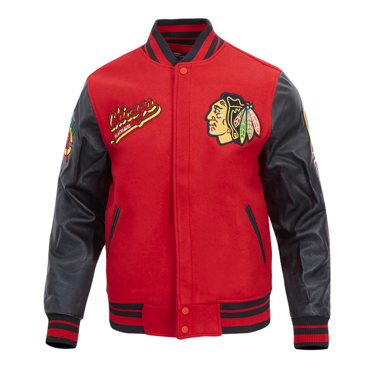 NHL CHICAGO BLACKHAWKS SCRIPT TAIL MEN'S RIB WOOL VARSITY JACKET