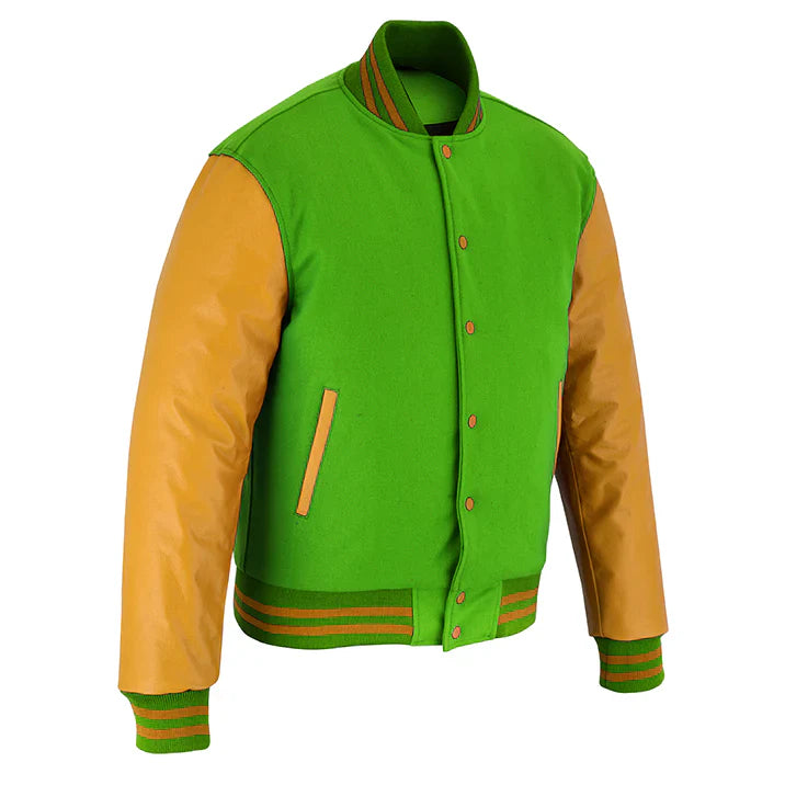 Classic Varsity Letterman Jacket Kelly Green Wool with Gold Genuine Leather Sleeves and trims