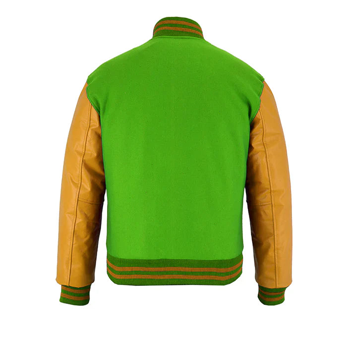 Classic Varsity Letterman Jacket Kelly Green Wool with Gold Genuine Leather Sleeves and trims