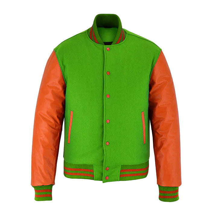 Classic Varsity Letterman Jacket Kelly Green Wool with Orange Genuine Leather Sleeves and trims