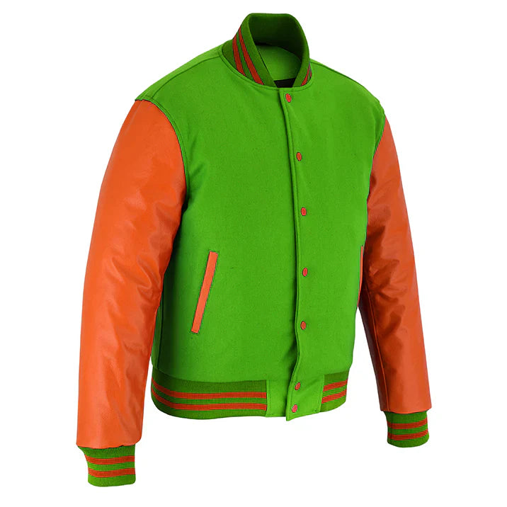 Classic Varsity Letterman Jacket Kelly Green Wool with Orange Genuine Leather Sleeves and trims