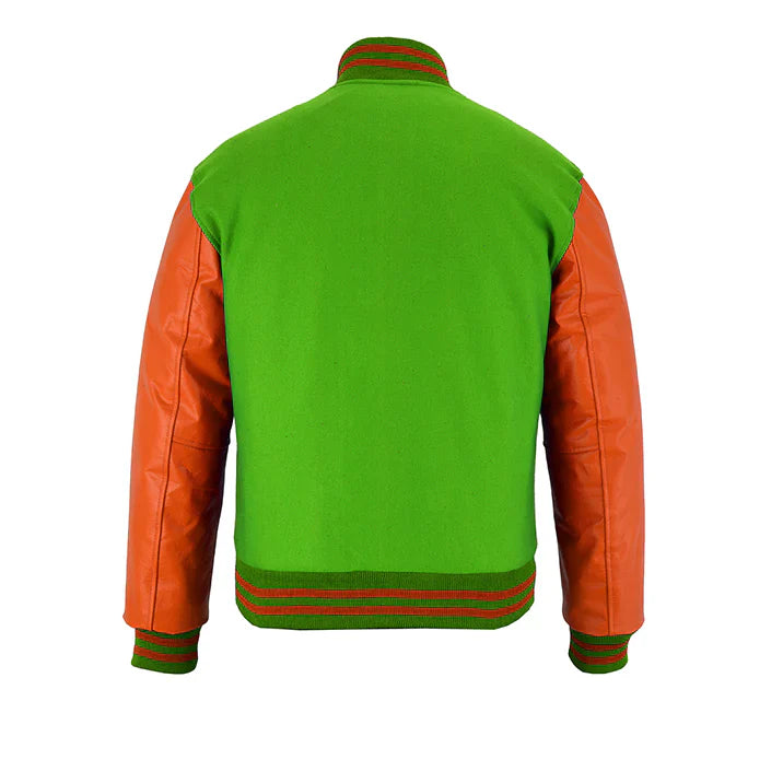 Classic Varsity Letterman Jacket Kelly Green Wool with Orange Genuine Leather Sleeves and trims
