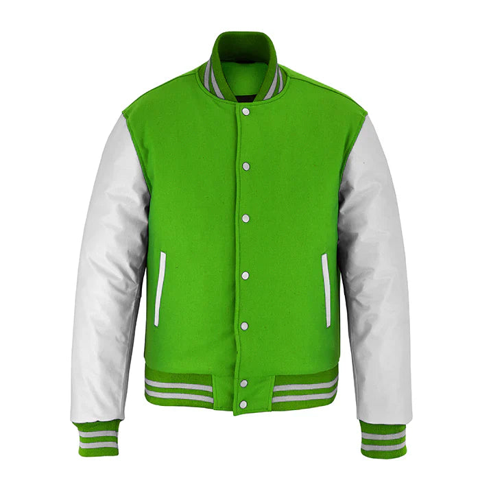 Classic Varsity Letterman Jacket Kelly Green Wool with White Genuine Leather Sleeves and trims