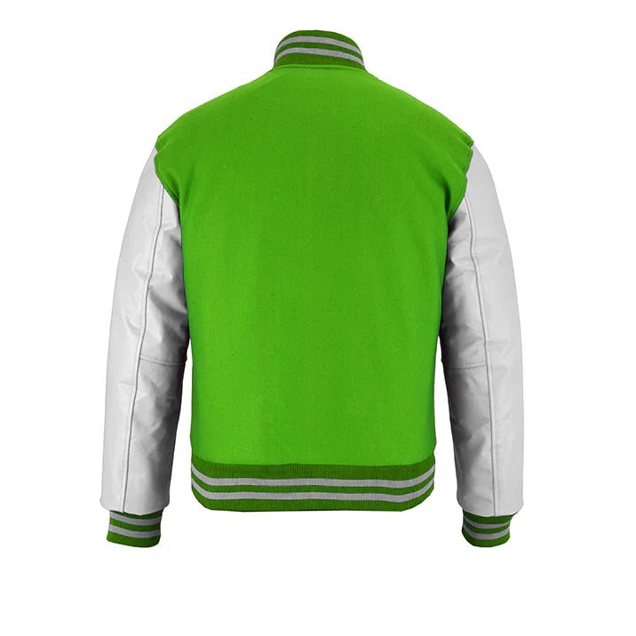 Classic Varsity Letterman Jacket Kelly Green Wool with White Genuine Leather Sleeves and trims