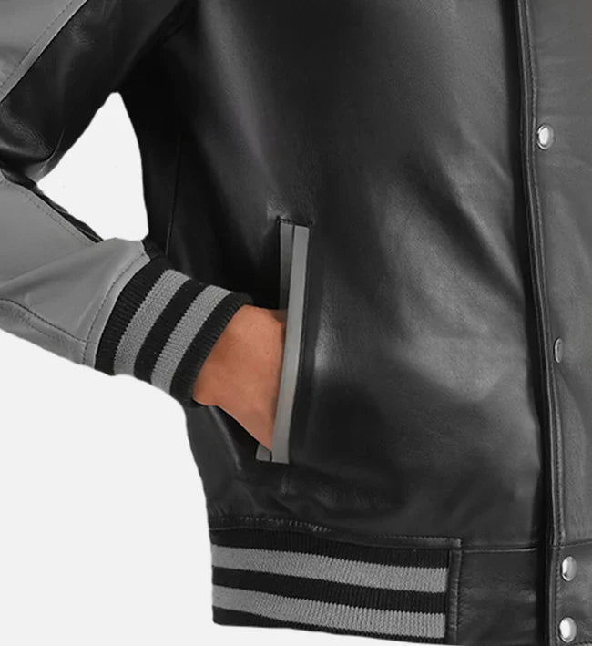 Men’s Grey Black Leather Varsity Jacket