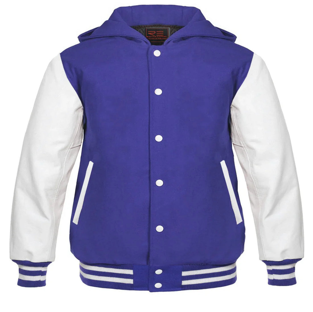 Hooded Varsity Lettermen Baseball Jacket Navy Blue with White Genuine Leather Sleeves
