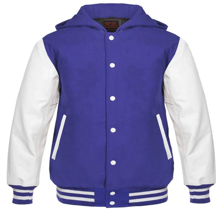 Hooded Varsity Lettermen Baseball Jacket Navy Blue with White Genuine Leather Sleeves