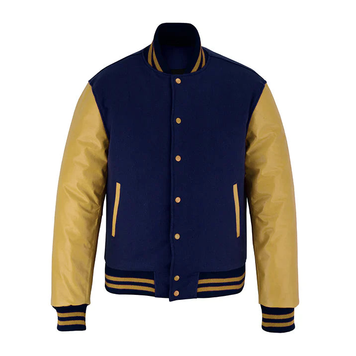 Classic Varsity Letterman Jacket Navy Blue Wool with Beige Genuine Leather Sleeves and trims