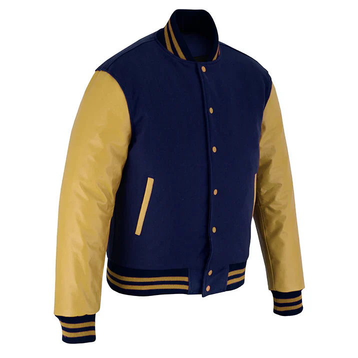 Classic Varsity Letterman Jacket Navy Blue Wool with Beige Genuine Leather Sleeves and trims