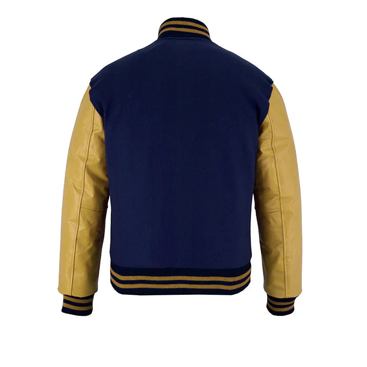Classic Varsity Letterman Jacket Navy Blue Wool with Beige Genuine Leather Sleeves and trims