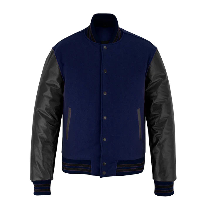 Classic Varsity Letterman Jacket Navy Blue Wool with Black Genuine Leather Sleeves and trims