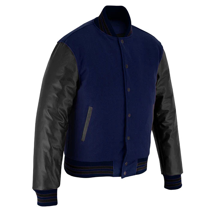 Classic Varsity Letterman Jacket Navy Blue Wool with Black Genuine Leather Sleeves and trims