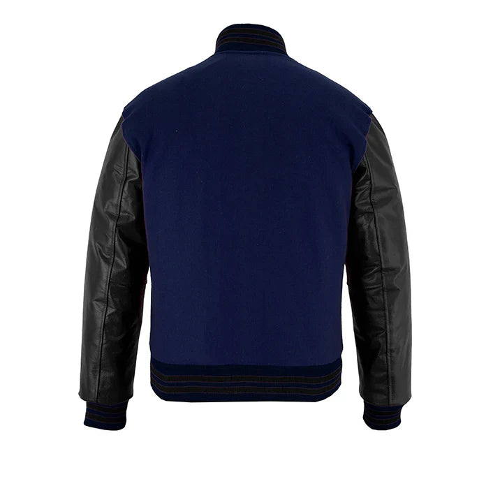 Classic Varsity Letterman Jacket Navy Blue Wool with Black Genuine Leather Sleeves and trims