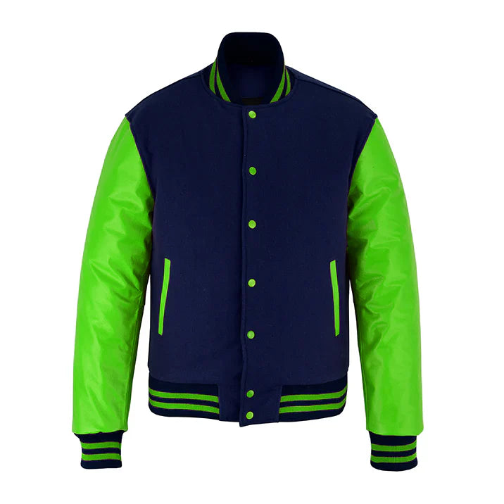 Classic Varsity Letterman Jacket Navy Blue Wool with Green Genuine Leather Sleeves and trims