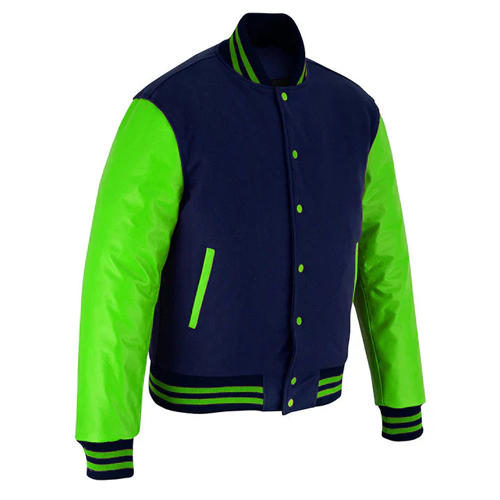 Classic Varsity Letterman Jacket Navy Blue Wool with Green Genuine Leather Sleeves and trims