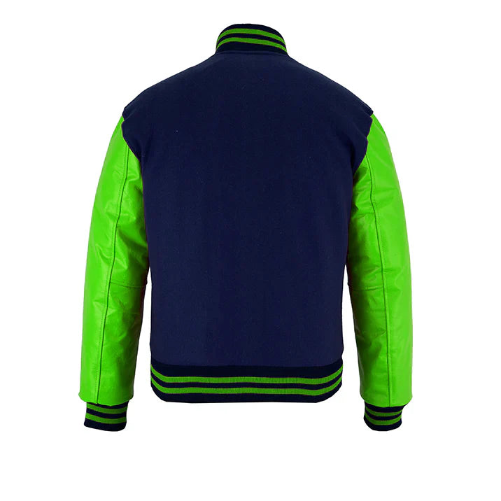 Classic Varsity Letterman Jacket Navy Blue Wool with Green Genuine Leather Sleeves and trims