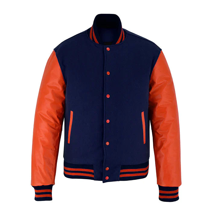 Classic Varsity Letterman Jacket Navy Blue Wool with Orange Genuine Leather Sleeves and trims