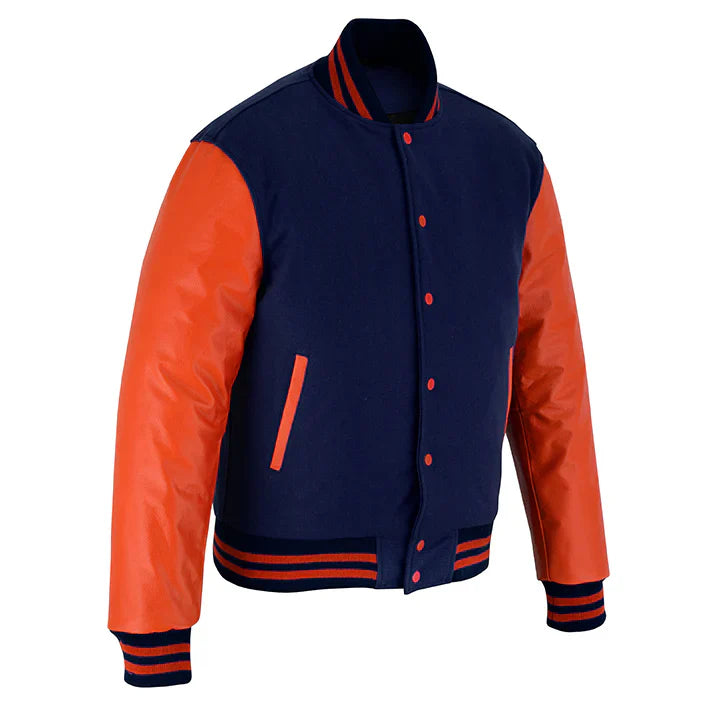 Classic Varsity Letterman Jacket Navy Blue Wool with Orange Genuine Leather Sleeves and trims