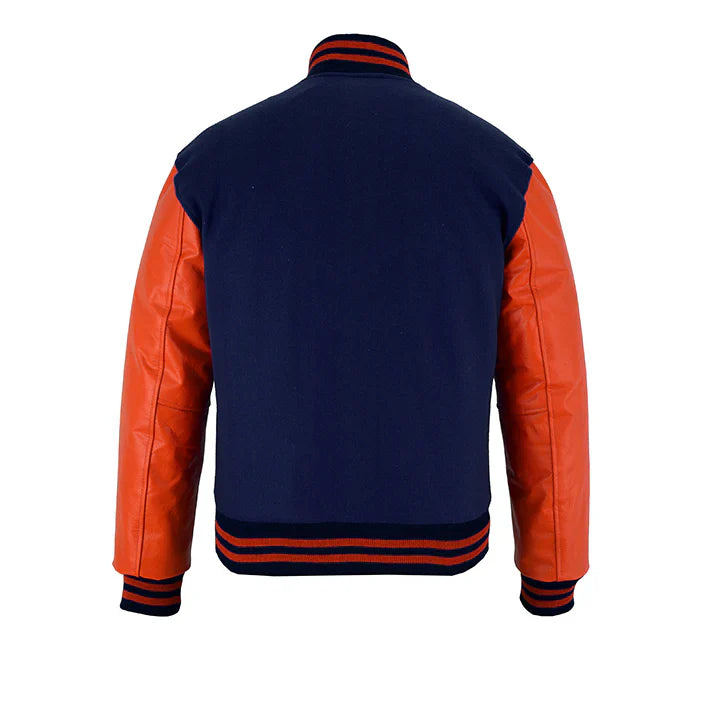 Classic Varsity Letterman Jacket Navy Blue Wool with Orange Genuine Leather Sleeves and trims